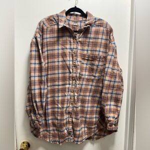 Free People We The Free Happy Hour Oversized Flannel Shirt Tan Blue Sz L